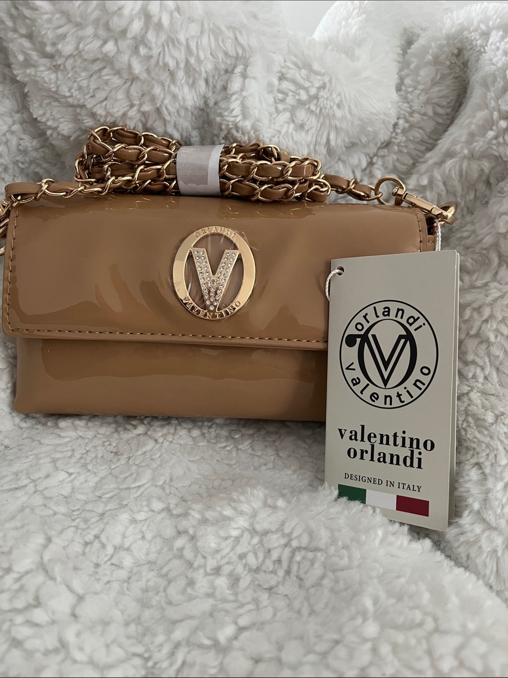 Valentino Orlandi Beige Patent Crossbody with Gold Chain